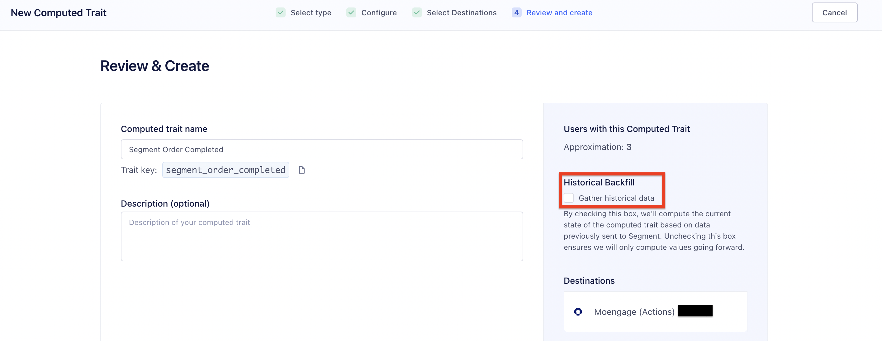 Screenshot of Review & Create page with Historial Backfill section highlighted